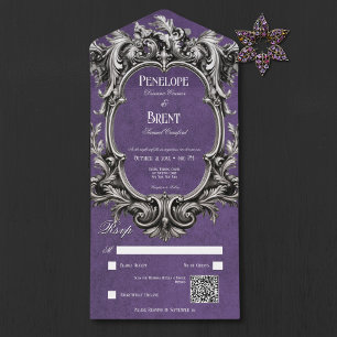 Gothic Lila Moody viktorianischer Rahmen QR Code All In One Einladung