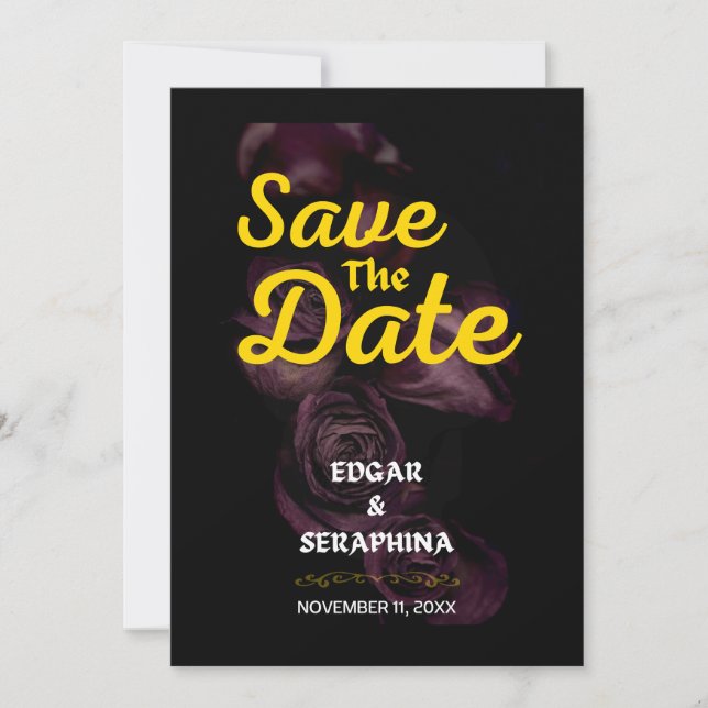 Gothic Lila Rose Schwarz und Gold Save the Date Einladung (Vorderseite)