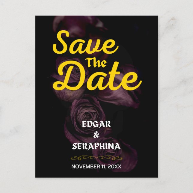 Gothic Lila Rose Schwarz und Gold Save the Date Postkarte (Vorderseite)