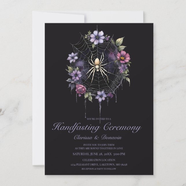 Gothic Lila Spinne Blumennetz Handfasting Einladung (Vorderseite)