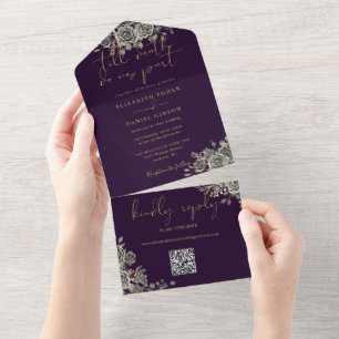 Gothic Lila und Goldene Rosen QR-Code Hochzeit All In One Einladung