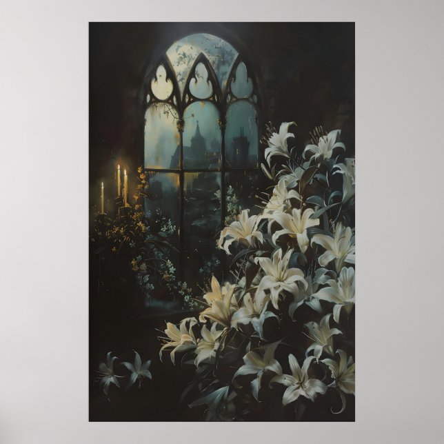 Gothic Lilies Flowers Candlelight Castle Art, Dark Poster (Vorne)