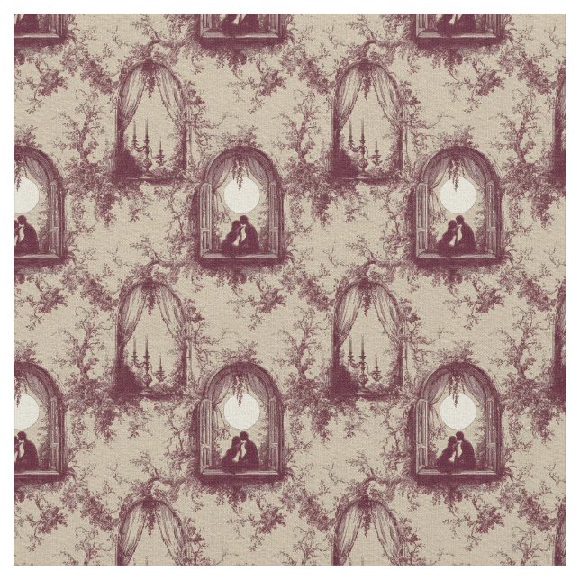 Gothic Love Valentine Burgundy Toile De Jouy  Stoff (Nahaufnahme)