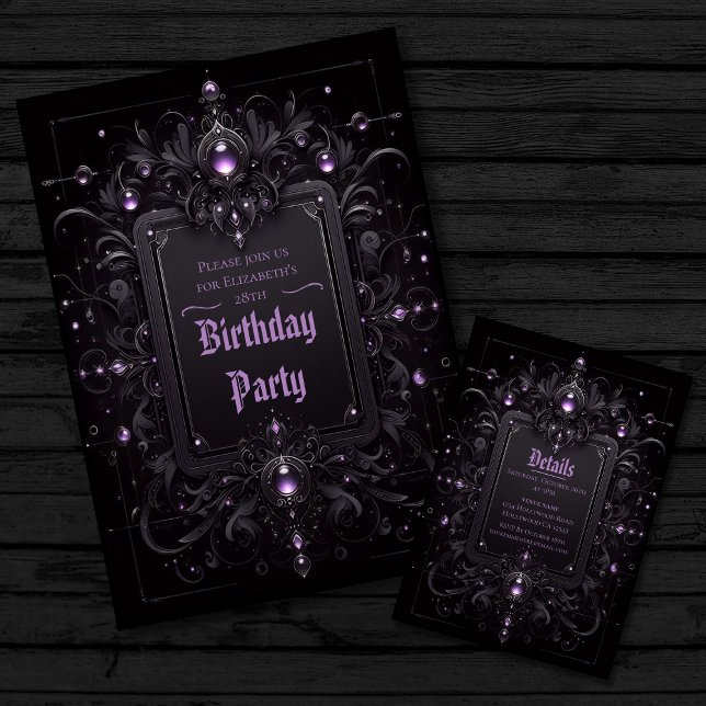 Gothic Lux Lila und Black Birthday Einladung (Image shows front and back side of invitation)