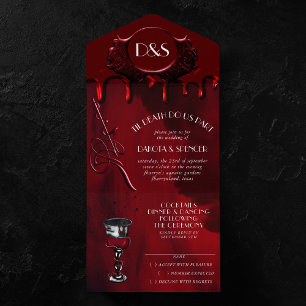 Gothic Luxe   Schwarze und rote Bluttropf-Hochzeit All In One Einladung