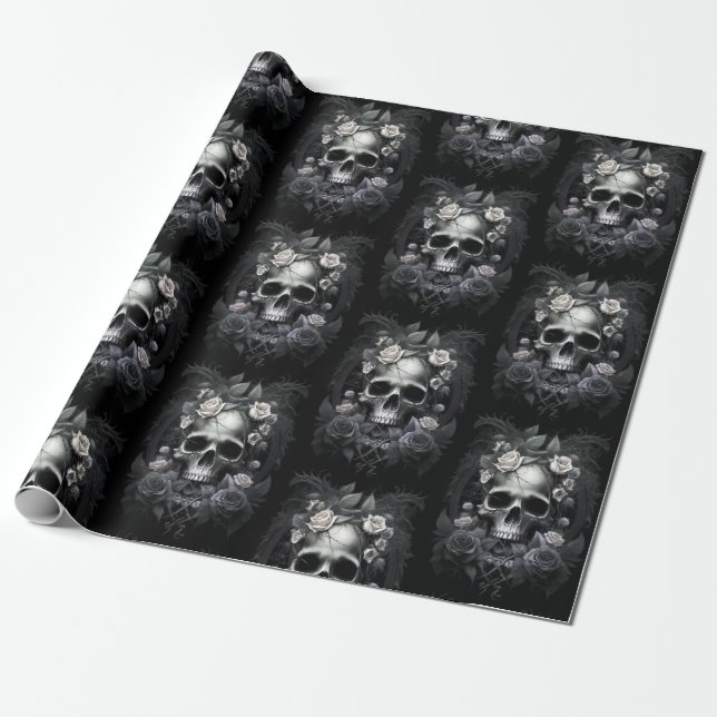 Gothic Macabre Skull and Rose Mural Geschenkpapier (Ungerollt)