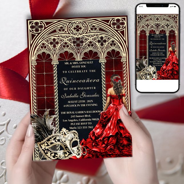 Gothic Masquerade Quinceañera Red Gold Einladung (Von Creator hochgeladen)