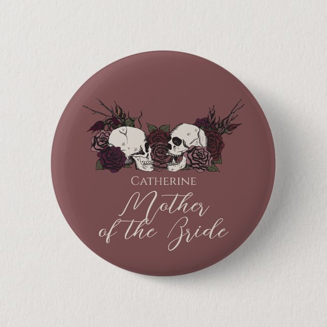 Gothic Mauve Pink Skull & Rose Wedding Party Button (Vorderseite)