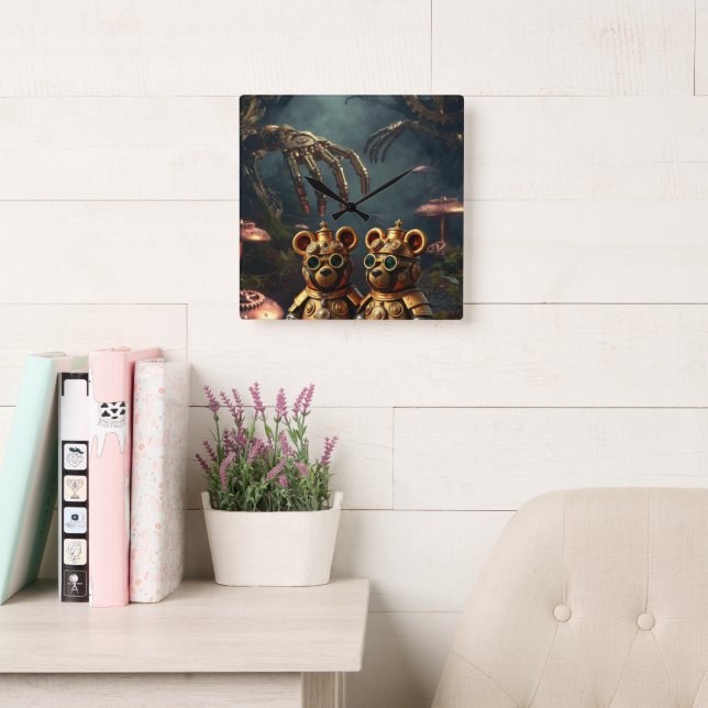 Gothic Mechanical Dark Forest Steampunk Gummy Bear Quadratische Wanduhr (Lesesaal)