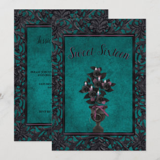 Gothic Metal Frame Black Rose & Candles Sweet 16 Einladung