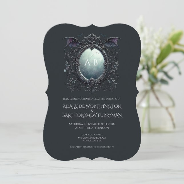 Gothic Mirror Monogram Wedding Invitation Einladung (Stehend Vorderseite)