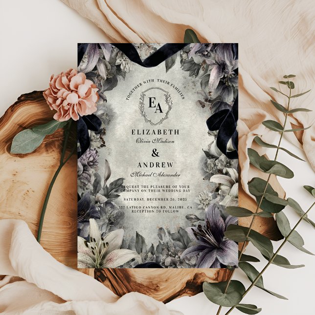 Gothic Monochrome Floral Wedding Design Einladung (Von Creator hochgeladen)