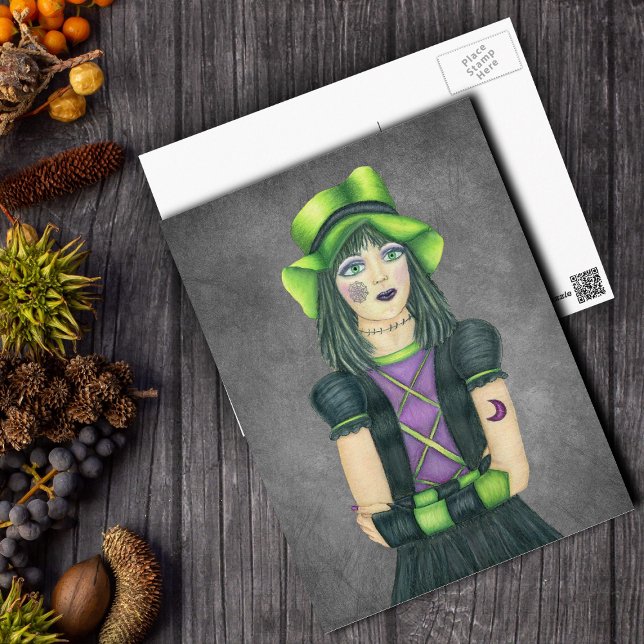 Gothic Monster Girl Green Hat Tattoos auf Gray Postkarte (Goth Girl Green hat spider web tattoo on grey postcard.)