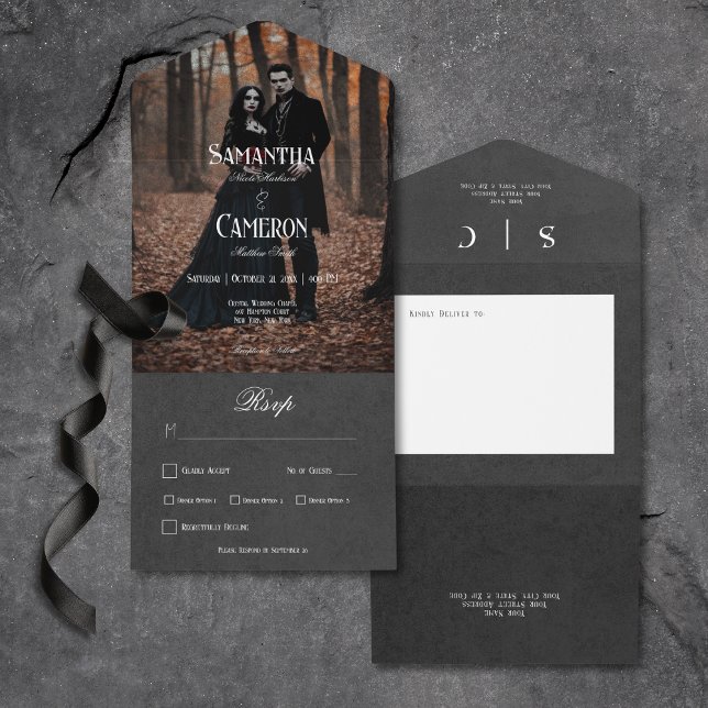 Gothic Moody Black Elegante Foto Dinner All In One Einladung (Gothic Moody Black Elegant Photo All In One Wedding Invitation with Dinner Options)