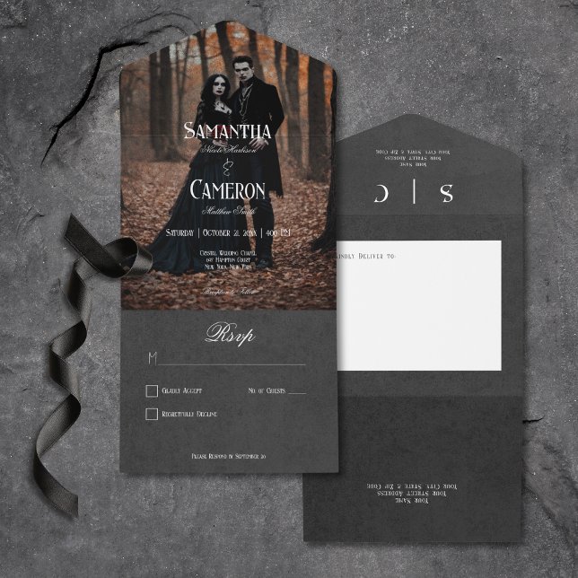 Gothic Moody Black Elegantes Foto Kein Abendessen All In One Einladung (Gothic Moody Black Elegant Photo All In One Wedding Invitation without Dinner Options)