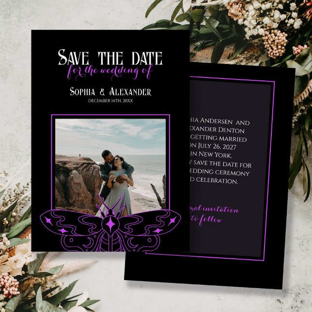 Gothic Moody Black und Lila Hochzeitssemble Foto Save The Date (Von Creator hochgeladen)