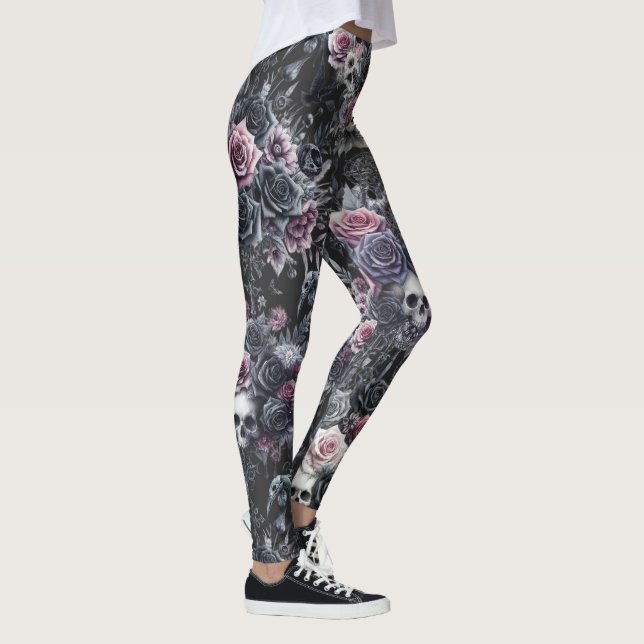 Gothic Moody Blume Skulls und Crows Leggings (Rechts)