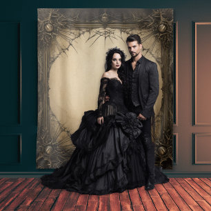 Gothic Moody Dark Black & Old Ivory Filigree Wandteppich