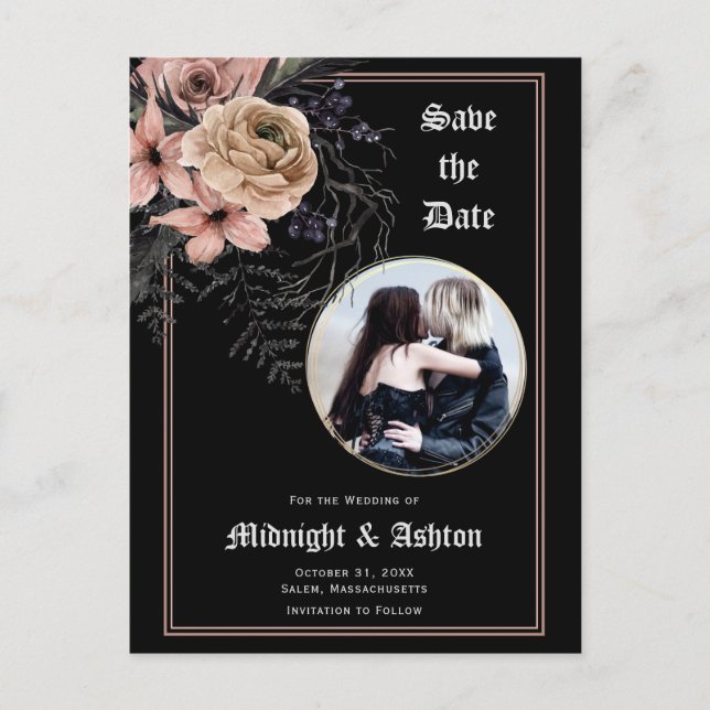 Gothic Moody Floral Foto Save the Date Ankündigungspostkarte (Vorderseite)