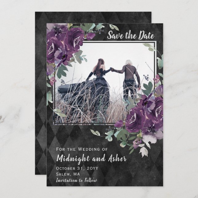 Gothic Moody Lila Floral Eukalyptus Save The Date (Vorne/Hinten)