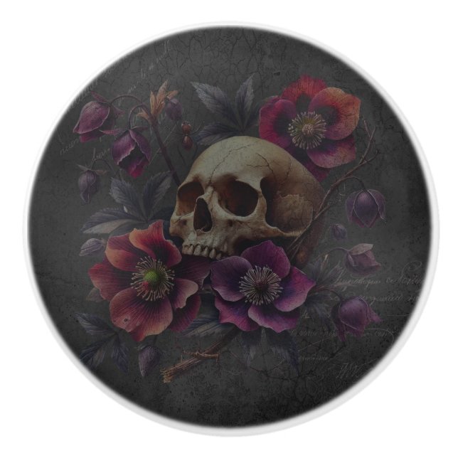 Gothic Moody Skull mit Blume Keramikknauf (Vorderseite)