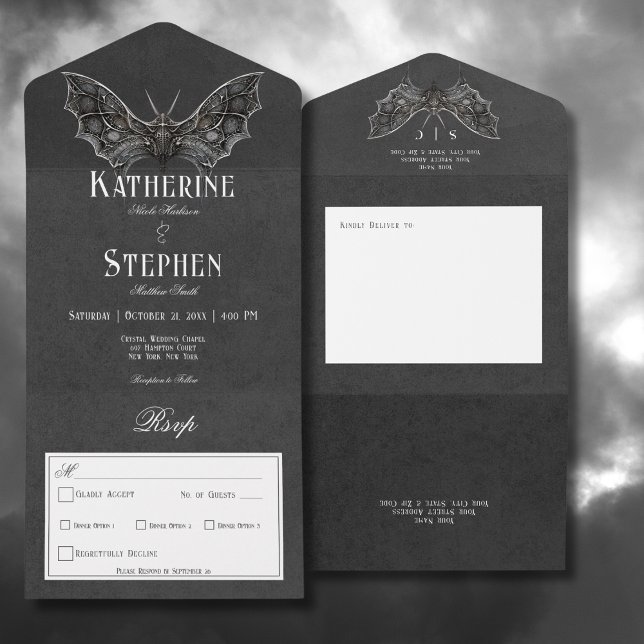 Gothic Moth Moody Black & White Dinner All In One Einladung (Gothic Moth Moody Black & White All In One Wedding Invitation with Dinner Options)