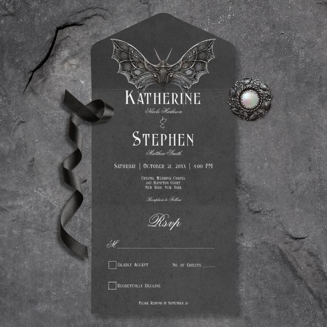 Gothic Moth Moody Black & White Dinner All In One Einladung (Gothic Moth Moody Black & White All In One Wedding Invitation without Dinner Options)