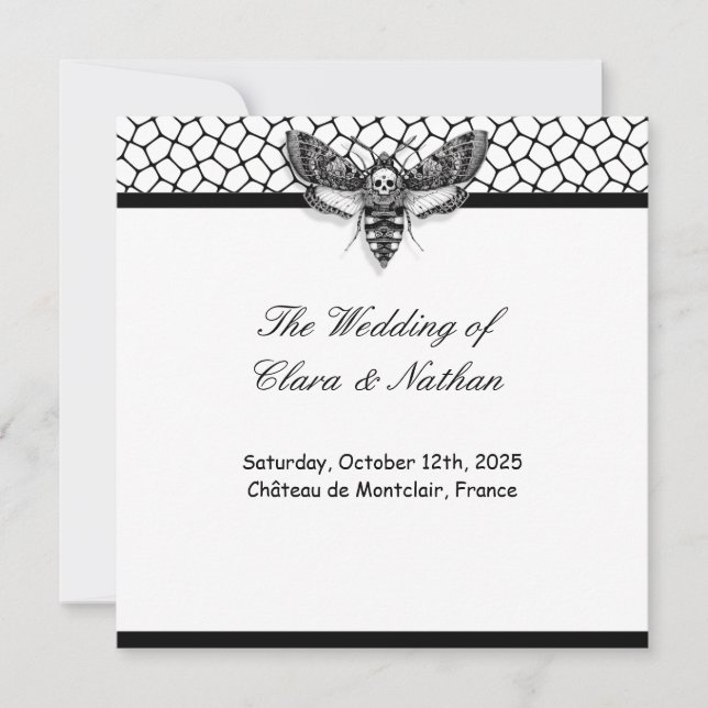 Gothic Moth Skull Hochzeitsprogramm – Dunkle Elega Einladung (Vorderseite)