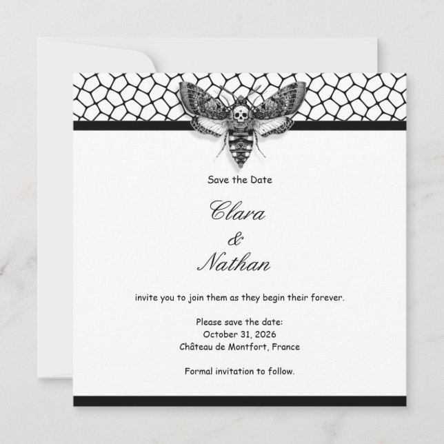 Gothic Moth Skull Save the Date - Elegantes Schwar Einladung (Vorderseite)