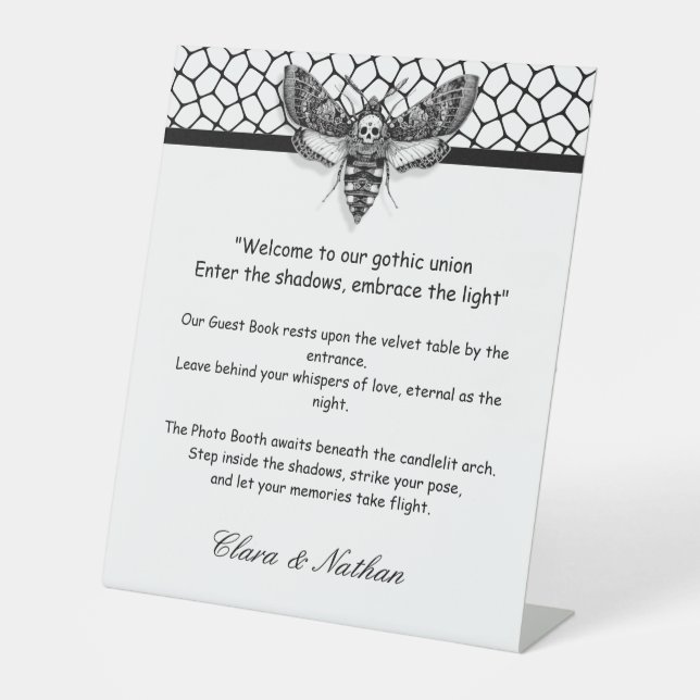 Gothic Moth Skull Wedding [ Schwarz & Weiß Sockelschild (Vorderseite)