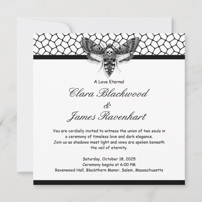 Gothic Moth Skull Wedding - Schwarzweiß Einladung (Vorderseite)