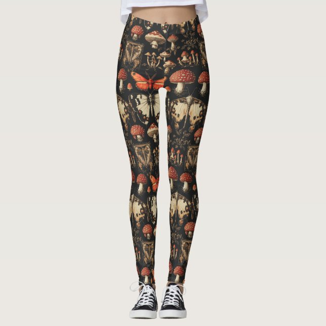Gothic Mushroom Specimen Dark Academia Red Moth Leggings (Vorderseite)