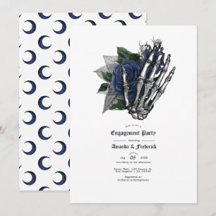 Gothic Navy Blue Rose & Skeleton Hand Verlobung Einladung