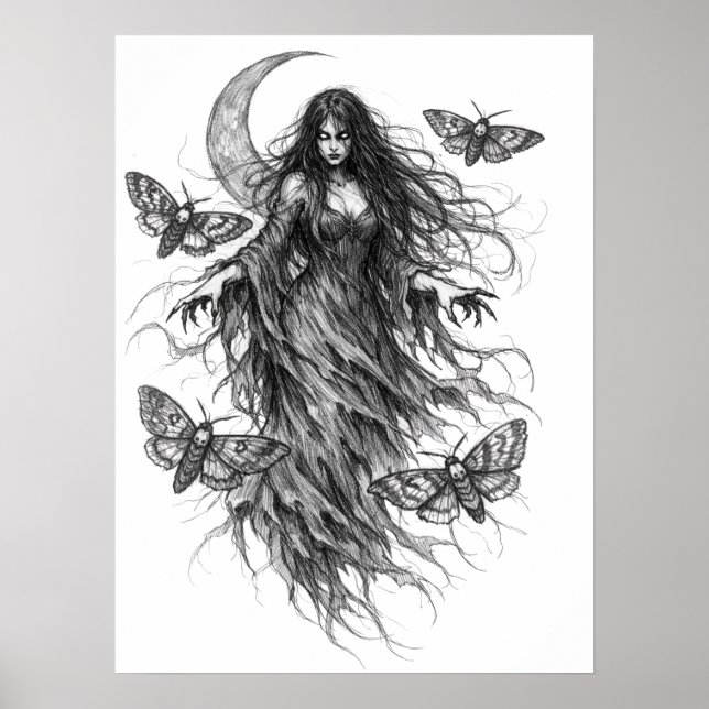 Gothic Night Witch und Luna-Motte Dark Folklore Ar Poster (Vorne)