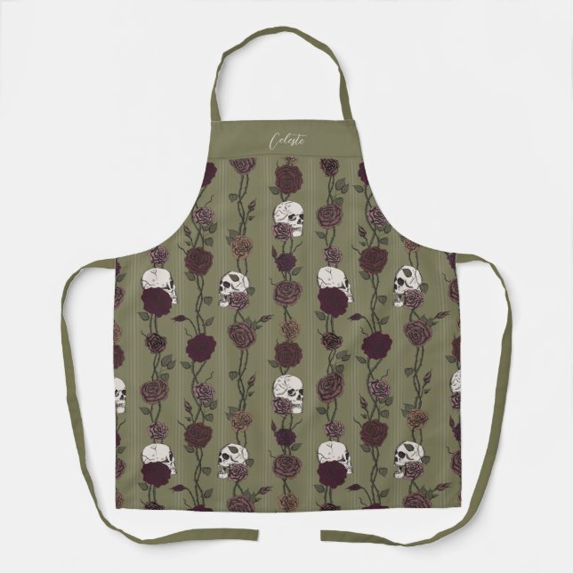 Gothic Olive Green Floral Skulls Schürze (Vorderseite)