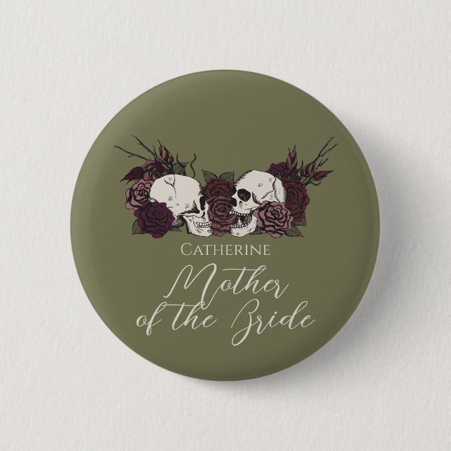 Gothic Olive Green Skull & Rose Wedding Party Button (Vorderseite)