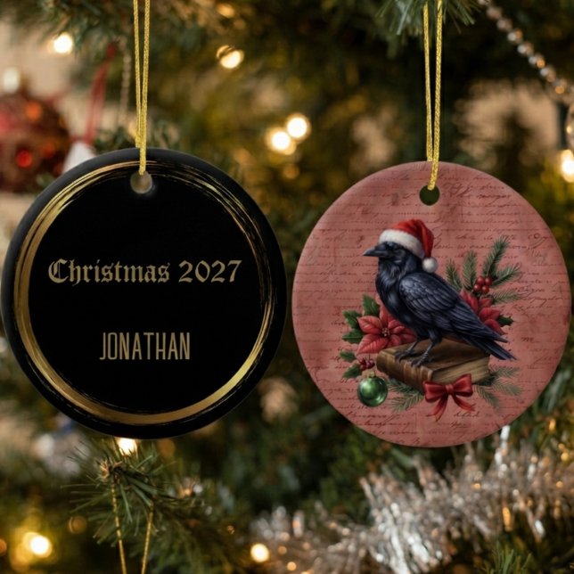 Gothic Onyx Barock Rabe Keramik Ornament (Ceramic raven ornament for gothic holiday lovers and dark academia tree decor)
