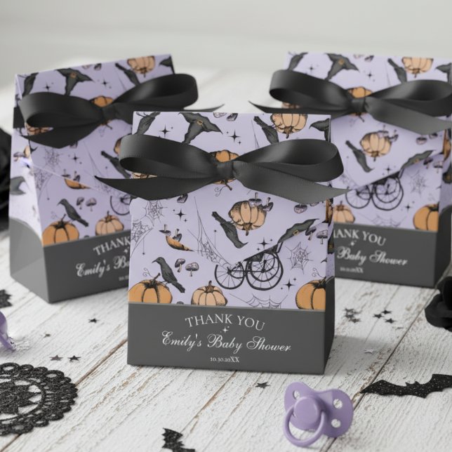 Gothic Orange Baby Carriage Baby Dusche Vielen Dan Geschenkschachtel (Gothic Halloween Baby Shower Favor Boxes. Purple Spooky Pattern-Carriage, Pumpkin, Raven, Witch Hat)