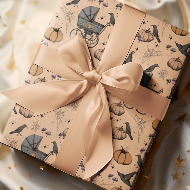Gothic Orange Baby Carriage Halloween Geschenkpapier (Orange Spooky yet Elegant Victorian Baby Carriage Halloween Wrapping Paper. Hand-Drawn in Black Ink.)