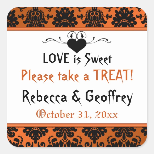 Gothic Orange, Black Scroll Heart Wedding Sticker (Vorderseite)