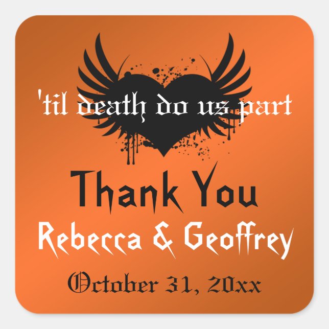 Gothic Orange, Black Winged Heart Wedding Sticker (Vorderseite)