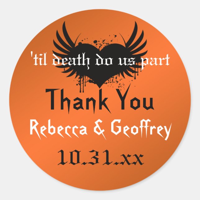 Gothic Orange, Black Winged Heart Wedding Sticker (Vorderseite)