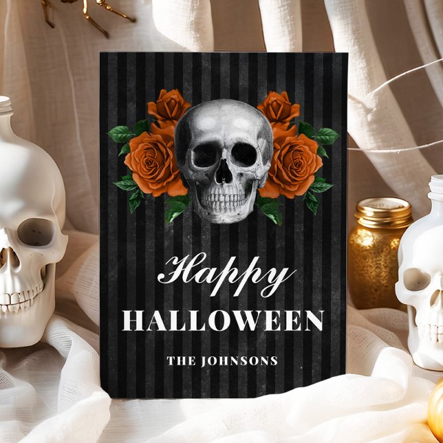 Gothic Orange Bloral Skull Happy Halloween Karte (Gothic Orange Floral Skull Happy Halloween Card)