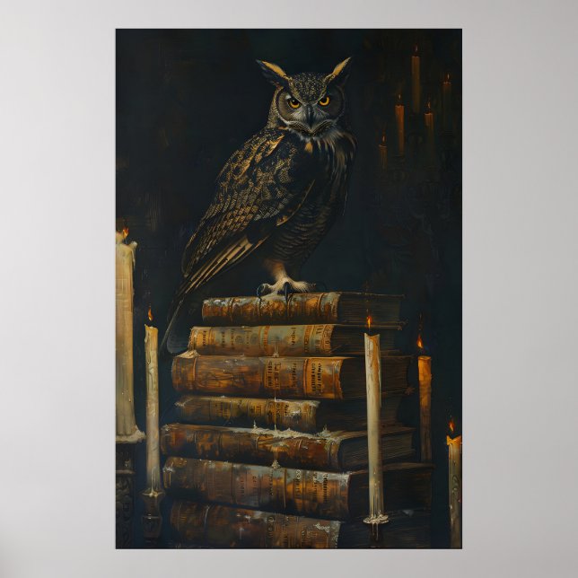 Gothic Owl on Vintage Books Painting Printable Poster (Vorne)