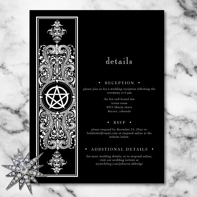 Gothic Pentagram Star Schwarz-weiß Wedding Begleitkarte (Gothic Pentagram Star Black White Wedding Enclosure Card)
