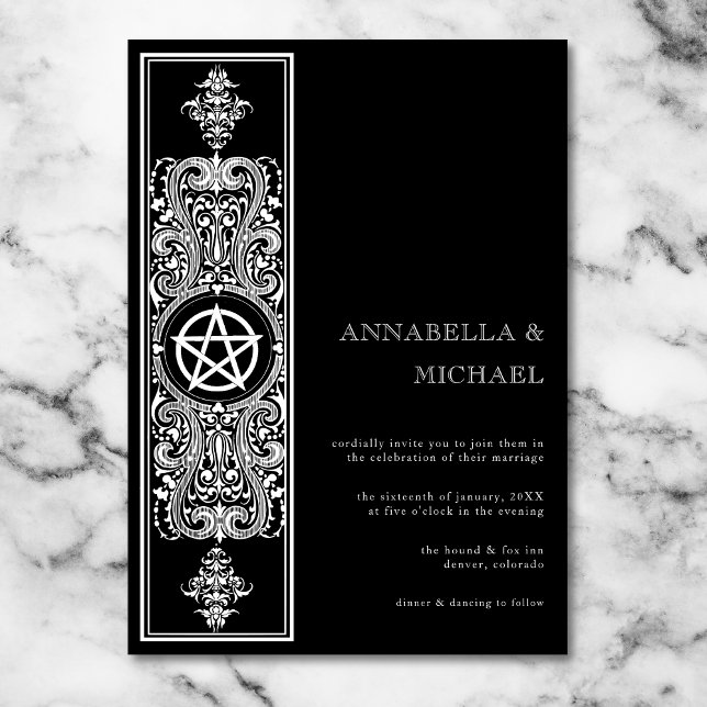 Gothic Pentagram Star Schwarz-weiß Wedding Einladung (Gothic Pentagram Star Black White Wedding Invitation)