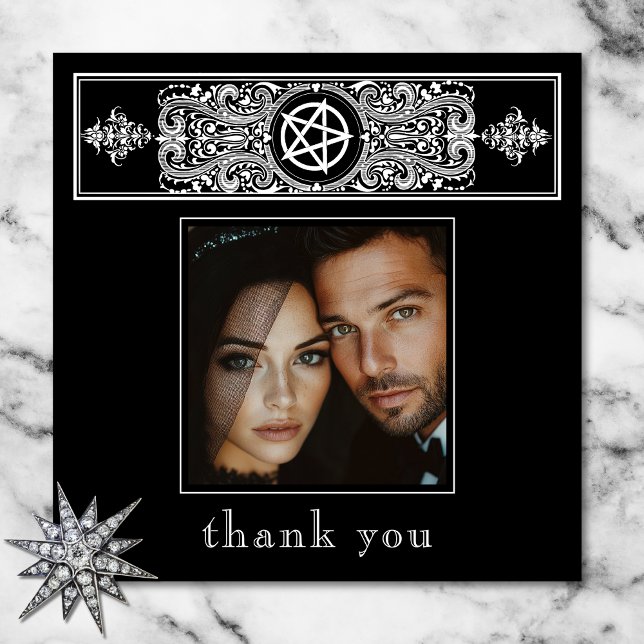 Gothic Pentagram Star Schwarz-weiß Wedding Foto Dankeskarte (Gothic Pentagram Star Black White Wedding Photo Thank You Card)