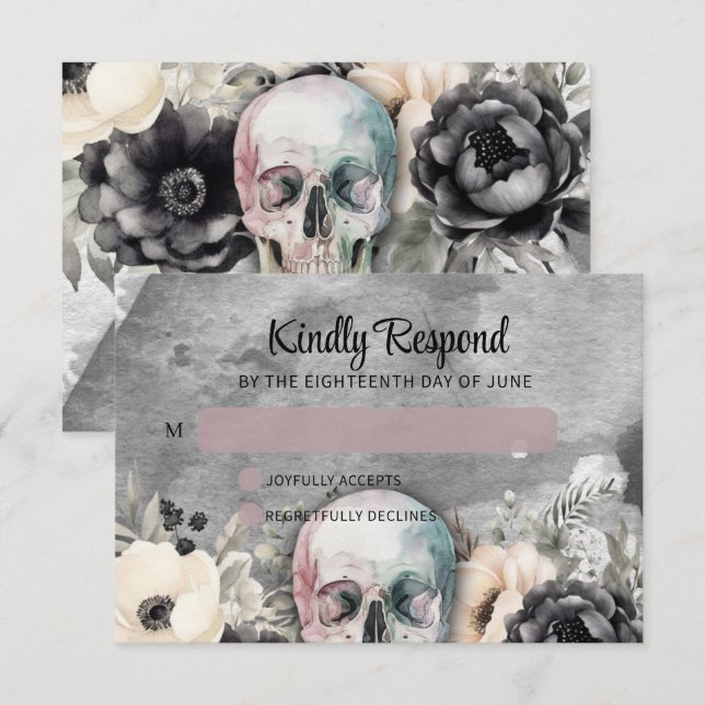 Gothic Peony & Skull Black Floral Wedding RSVP Karte (Vorne/Hinten)