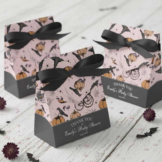 Gothic Pink Baby Carriage Baby Dusche Vielen Dank Geschenkschachtel (Gender Neutral Gothic Pink Halloween Baby Shower Favor Boxes. Vintage Baby Carriage, Black Raven)