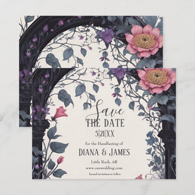Gothic Pink Floral Garden Gate Pagan Handfasts Save The Date (Vorne/Hinten)